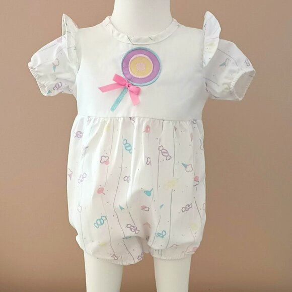 Healthtex Embroidered Lollipop Romper 12M Vtg White Pastel Short Ruffle Sleeve - Picture 1 of 7